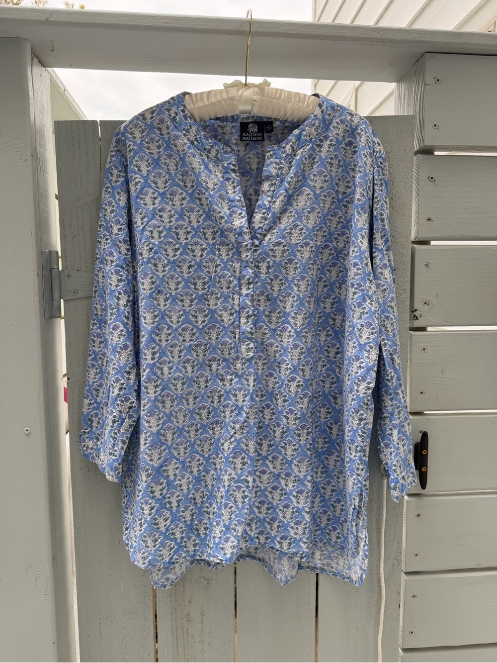 Blue Floral Print Button-Front Casual Shirt by Madison Mathews